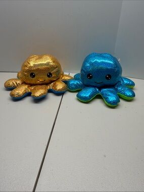 2 Goffa Gold and Blue Holographic Glitter Octopus Plush. Blue is NWT